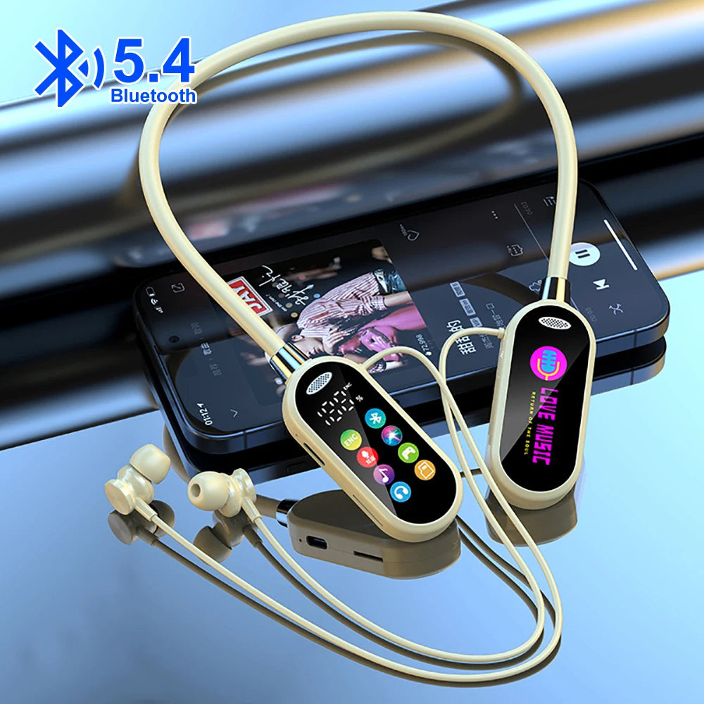 Color Screen Bluetooth 5.4 Earphones Neckband Headphones Wireless Headsets Hifi Stereo Noise Reduction Earbuds for Live Xiaomi